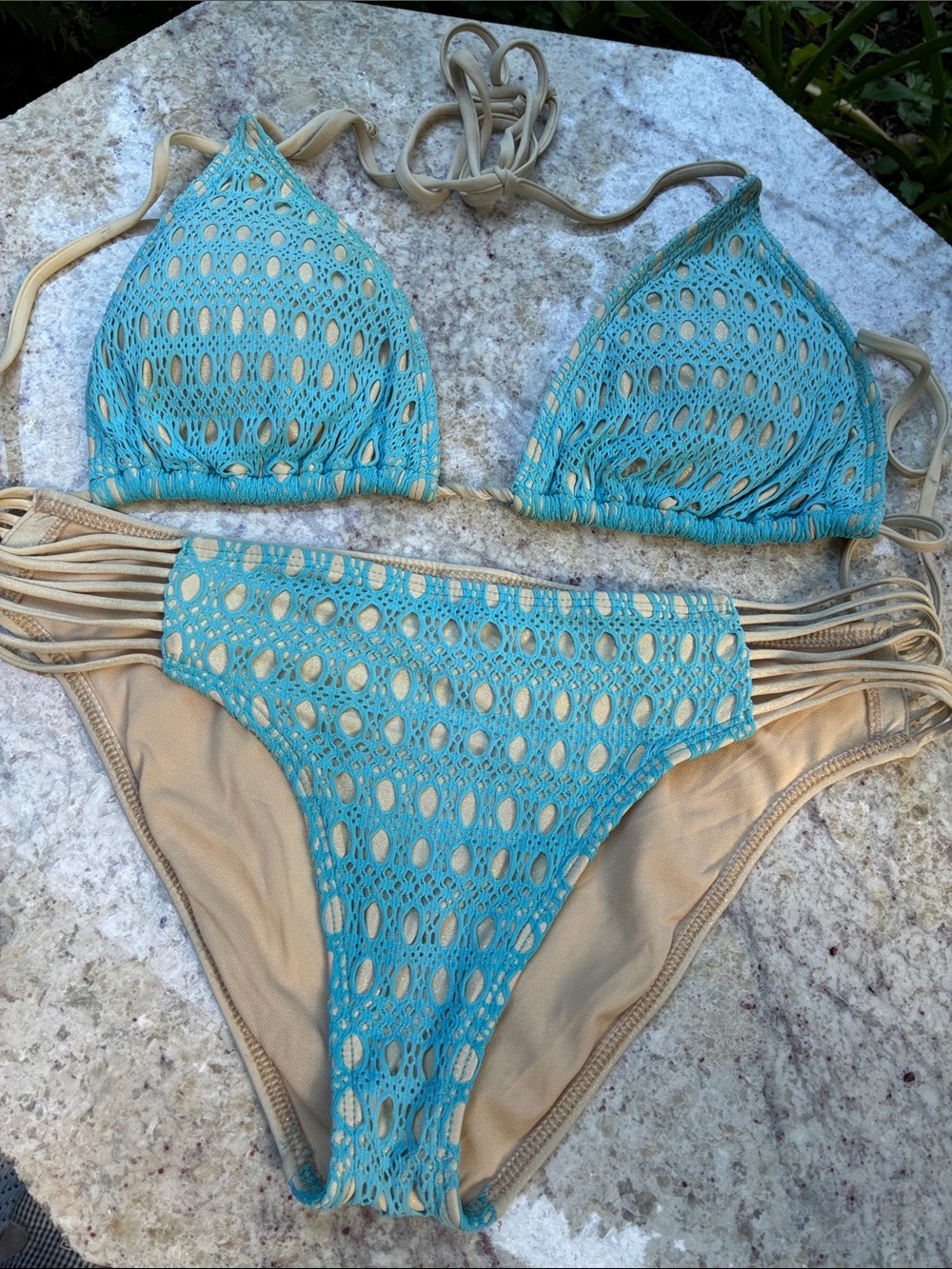 Luli Fama Beige and Aqua Crochet Bikini